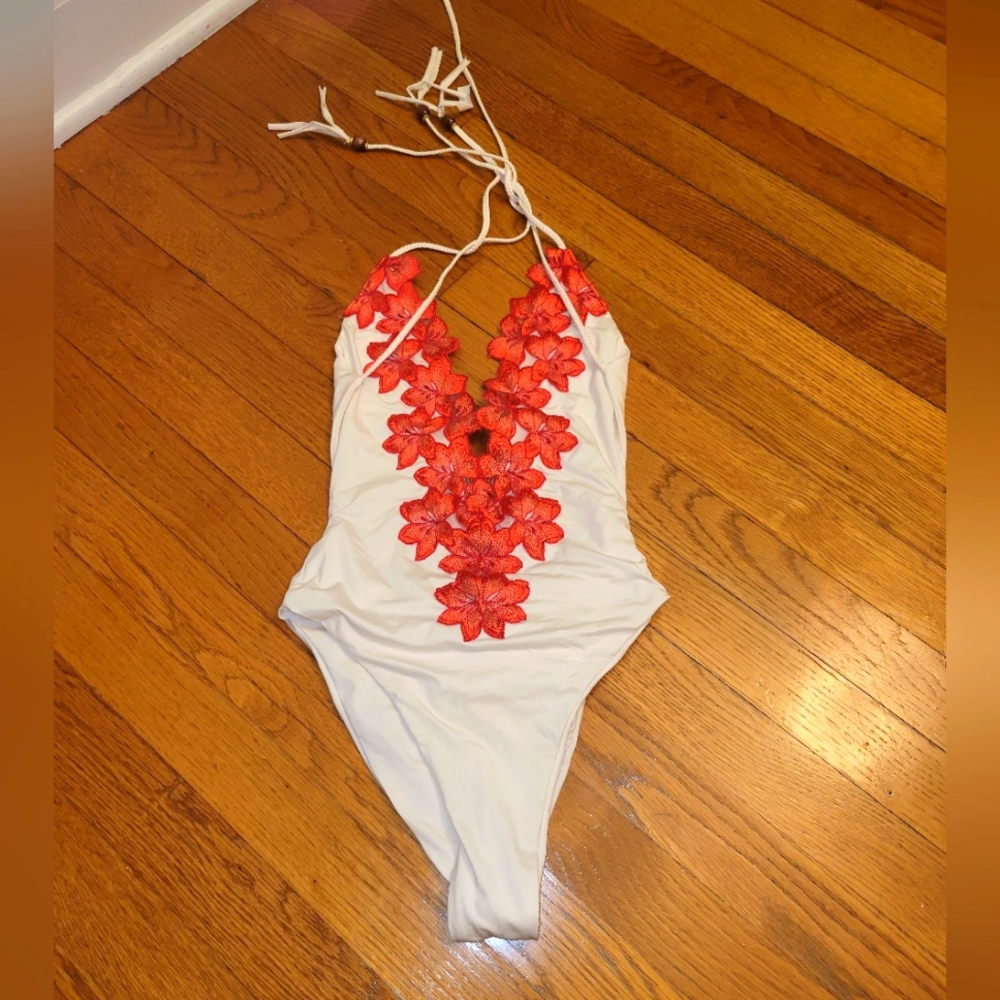 Blue Life White and Red Floral One Piece Swimsuit